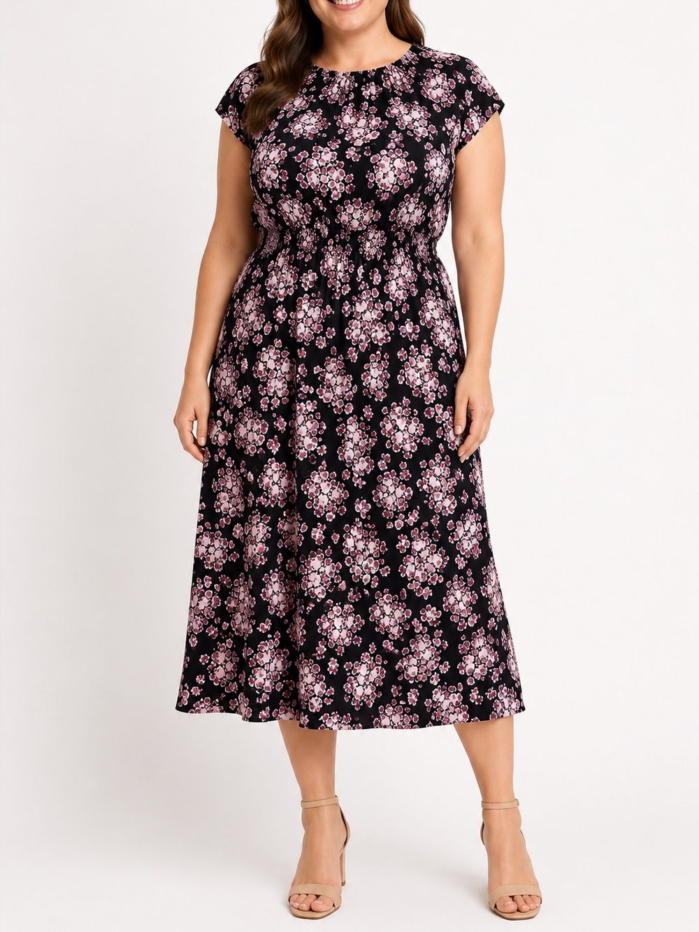 Banana Republic Floral Midi Dress Black Pink Elastic Waist Size 14
